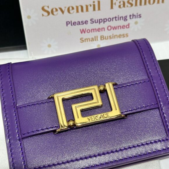 Versace Goddess Greca Logo Purple Leather Bi Fold Wallet NWT $625 - Picture 3 of 8